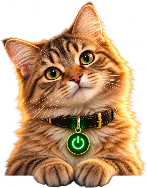 Gatinho curioso com coleira e medalha power verde